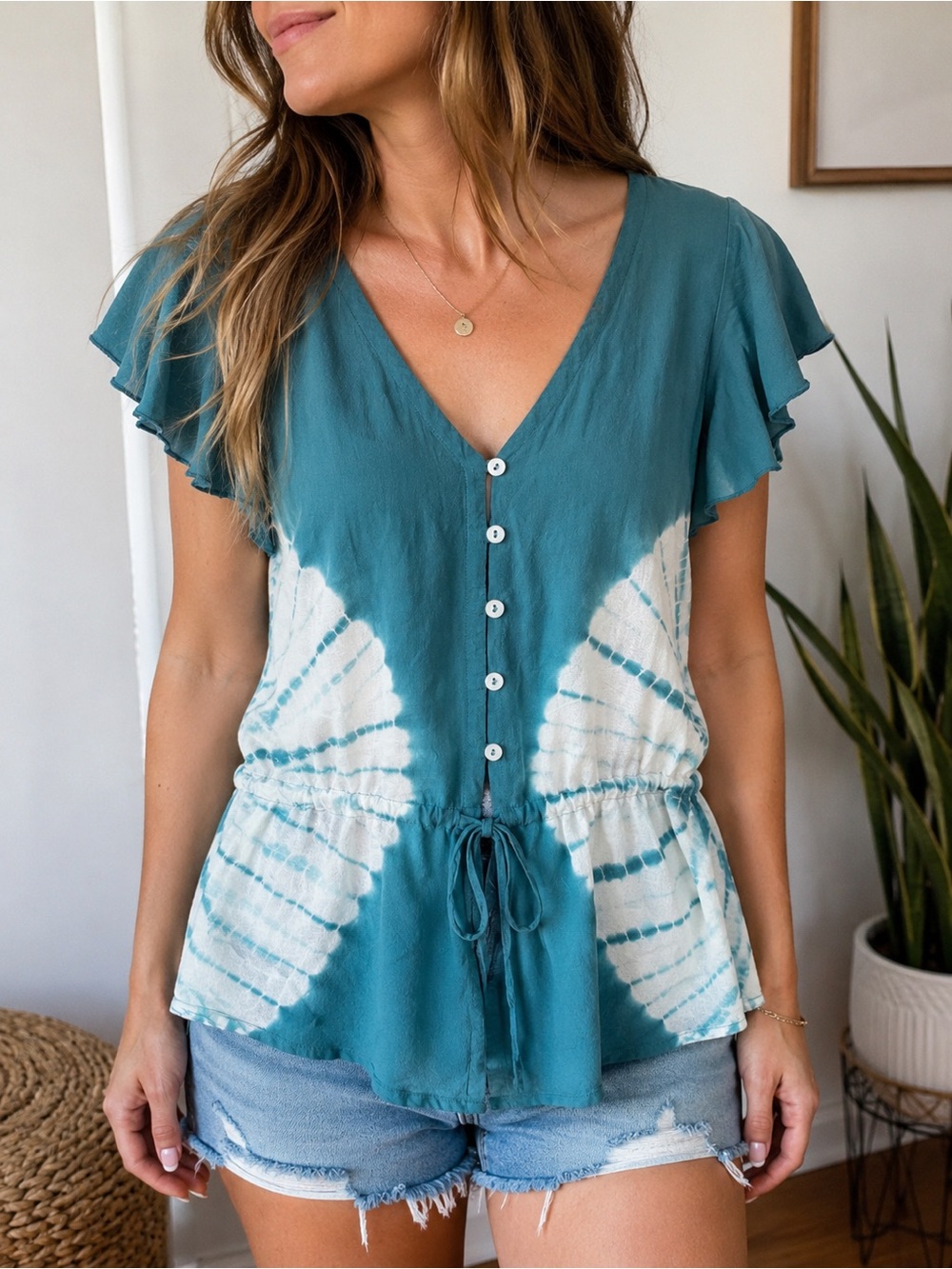 Chaser brand Tie-Dye Button Front Top